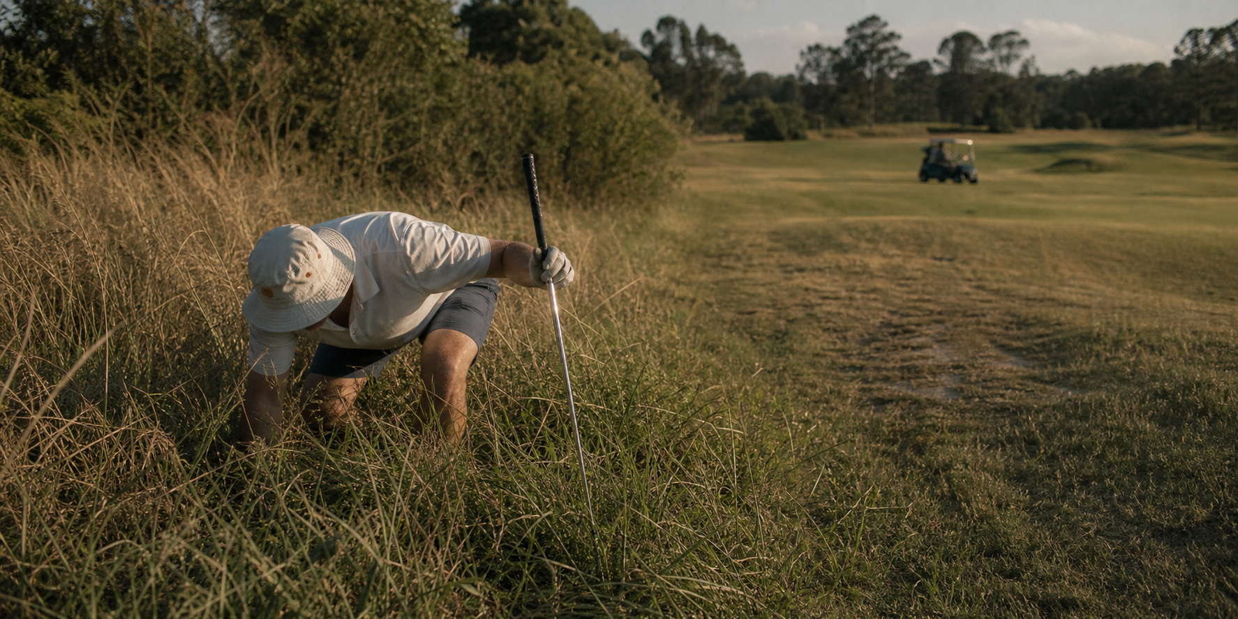 Golfer digging a ball out of thick rough beside a public-course fairway