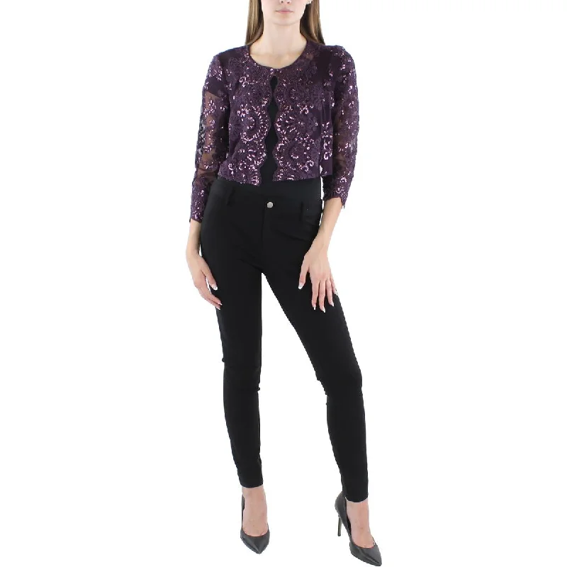 Alex Evenings Womens Petites Sequined Scalloped Bolero