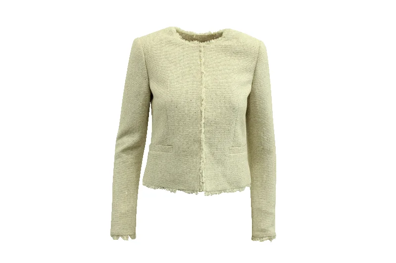 Alice + Olivia Tweed Jacket with Frayed Trim in Ivory Cotton