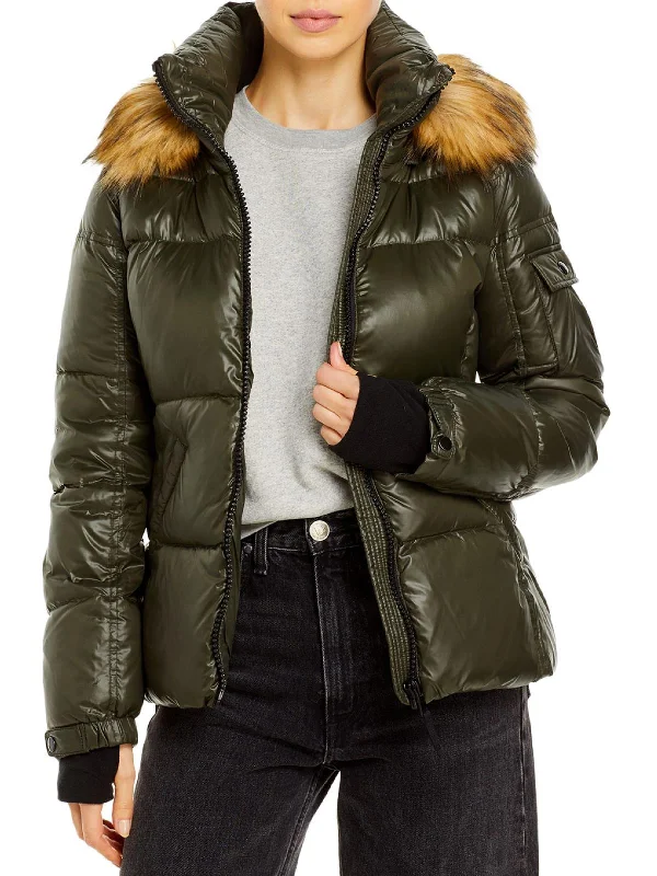 Allie Womens Faux Fur Trim Hooded Puffer CoatCropped Jackets