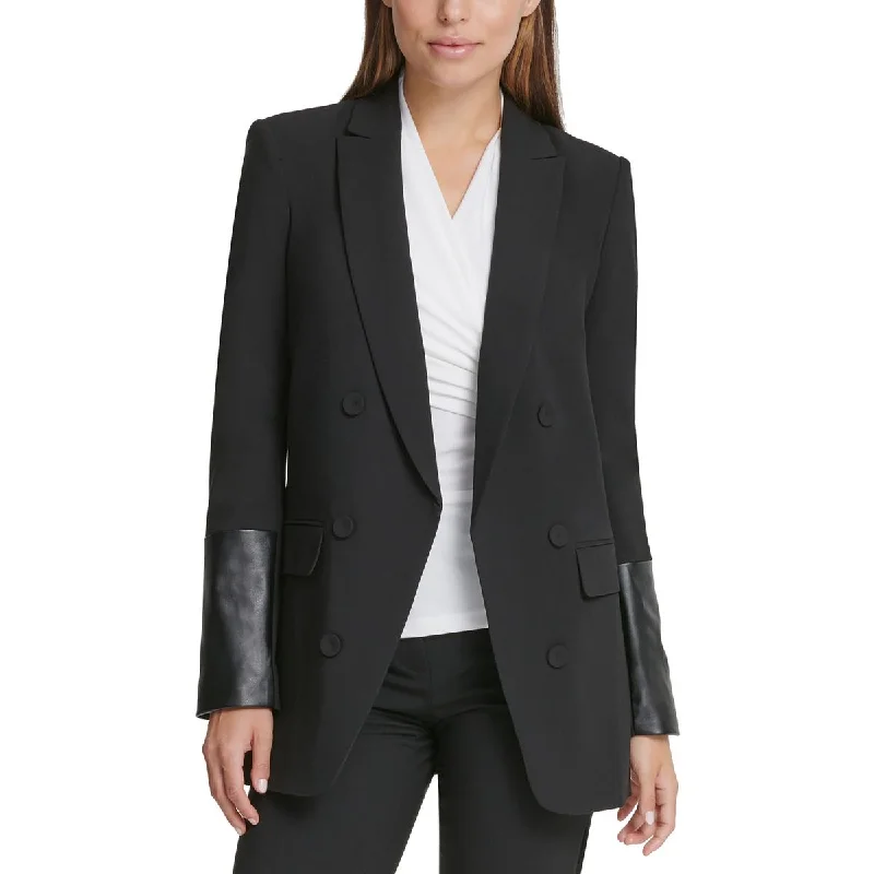 DKNY Womens Petites Faux Leather Trim Special Evening Double-Breasted Blazer