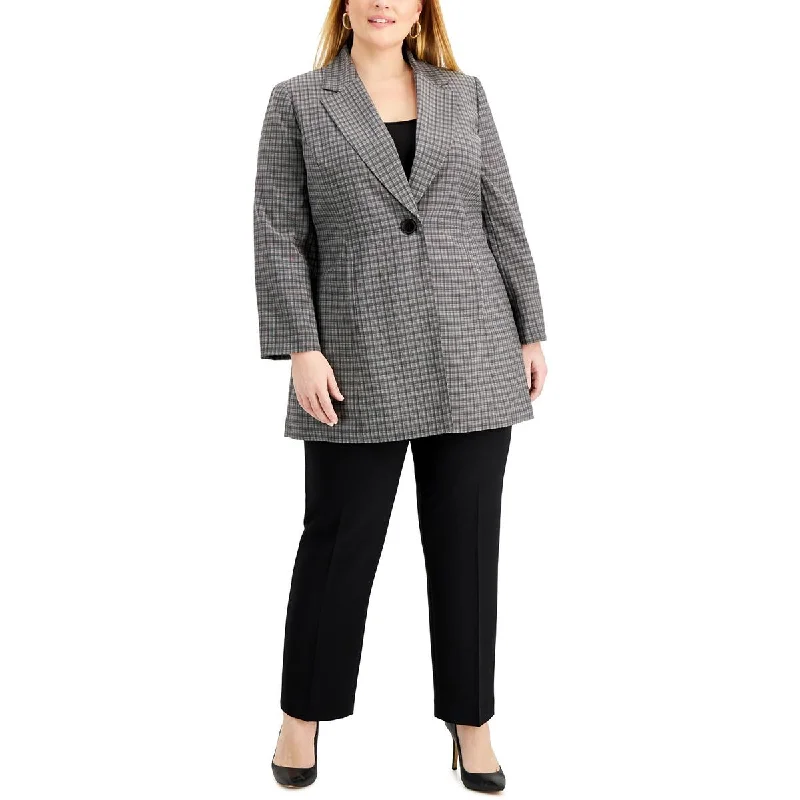 Le Suit Womens Plus Plaid One-Button Duster Blazer