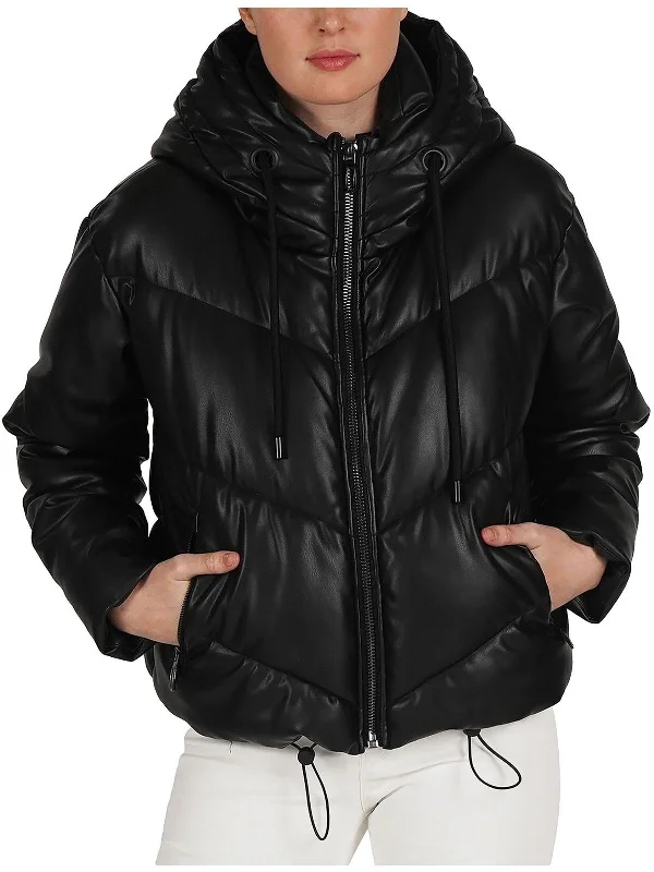 Leo Womens Faux Leather Short Puffer Jacket