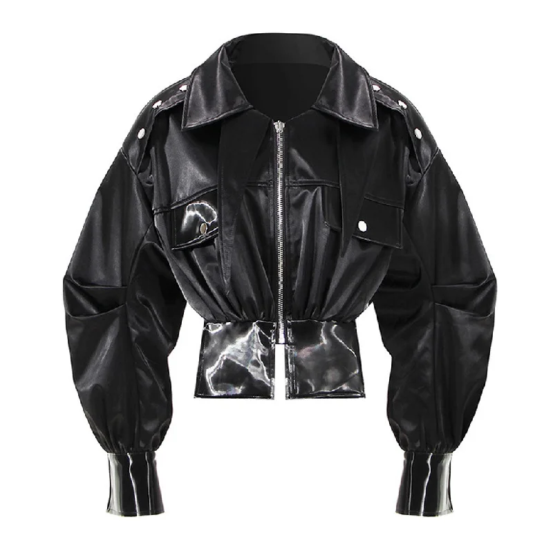 Oversized Long Sleeve Collared Vegan Leather Zip Up Cropped Jacket