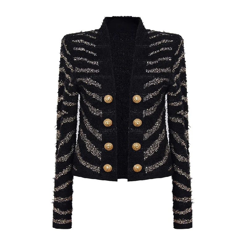 Sparkly Diamante Studded Zebra Print Long Sleeve Open Front Tweed Knit Jacket