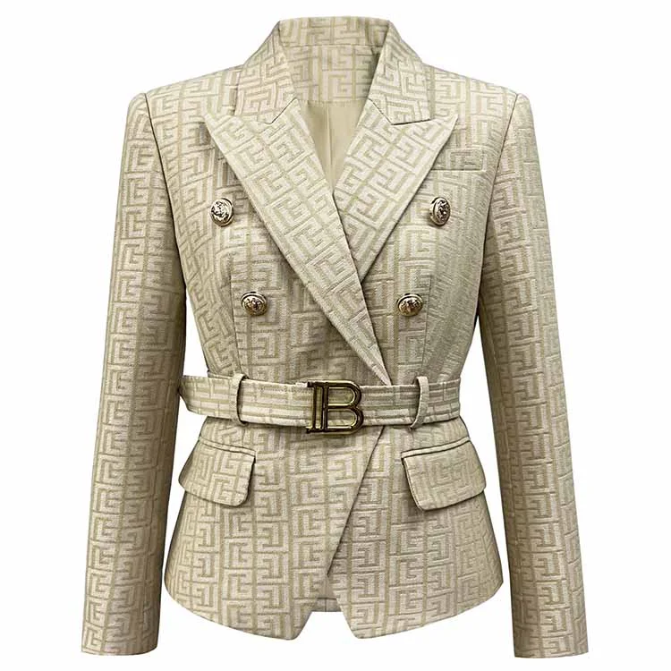 Women Double Breasted Gold Embossed Buttons belted Khaki blazer