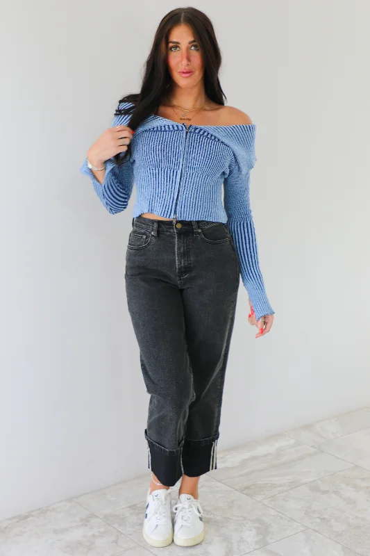 Figure You Out Sweater: Distressed Navy