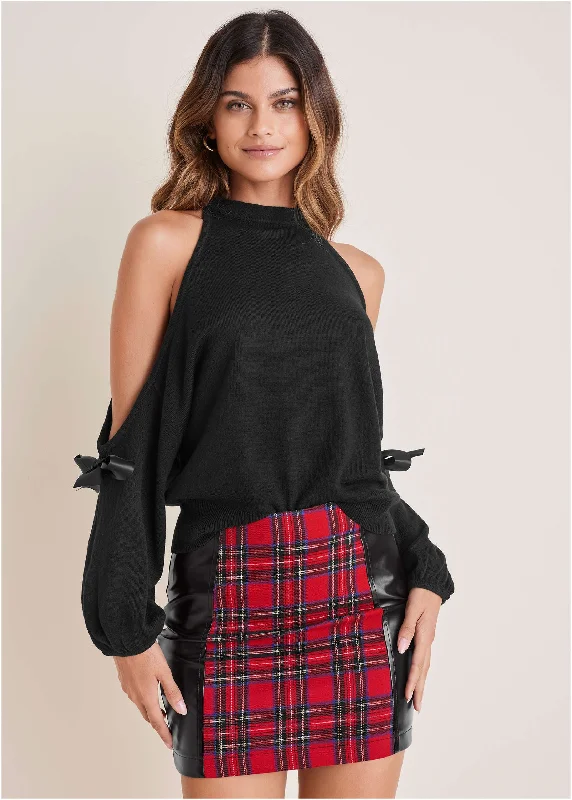 Cold Shoulder Bow Sweater - Black