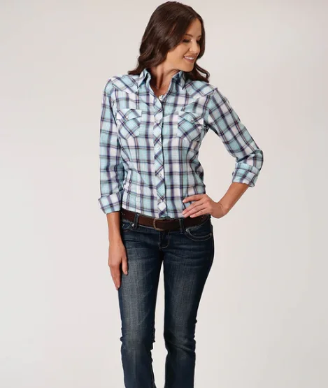 01-050-0101-4029 Roper Wmns L/S Shirt Plaid Blue