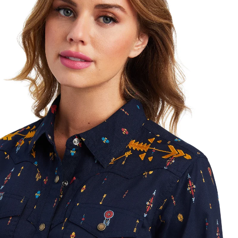 10041677 Ariat Women's REAL Dakota Snap LS Shirt Navy Multi  Print