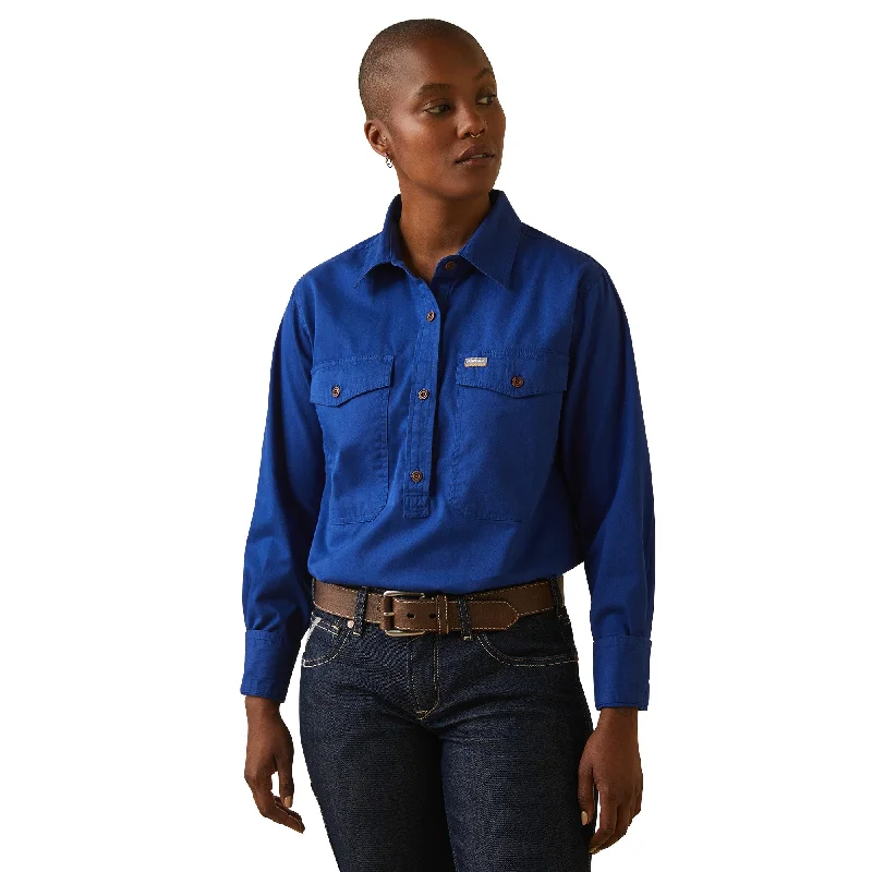 10042855 Ariat Wms Rebar Half Button LS Work Shirt Cobalt