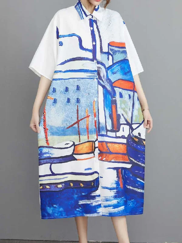 Abstract Art Print Short Sleeve A-Line Shirt Dress