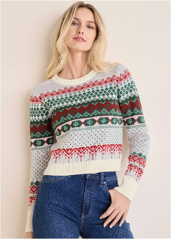 Fair Isle Bow Tie Sweater - Red & Green Multi