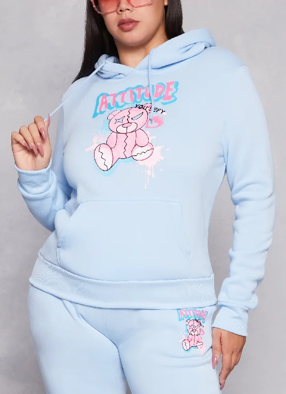 Plus Size Attitude Bear Graphic Pullover Hoodie