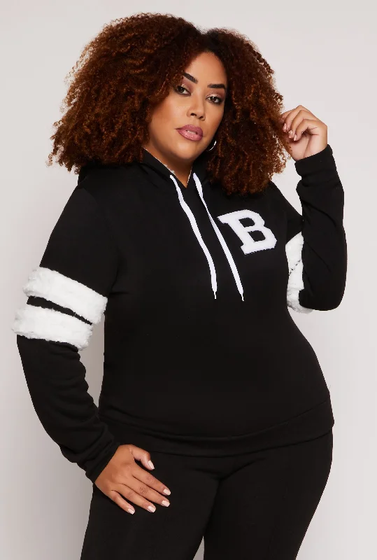 Plus Size B Initial Chenille Patch Pullover Hoodie