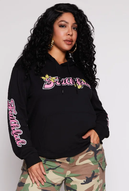 Plus Size Faithful Butterfly Graphic Pullover Hoodie