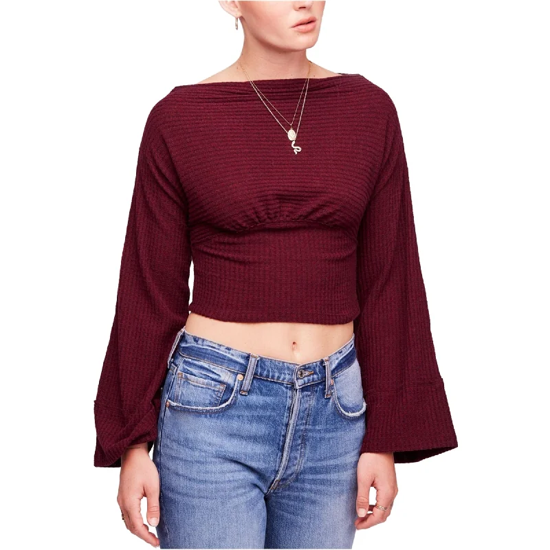 Free People Womens Thermal Crop Top Pullover Sweater, Red, Large