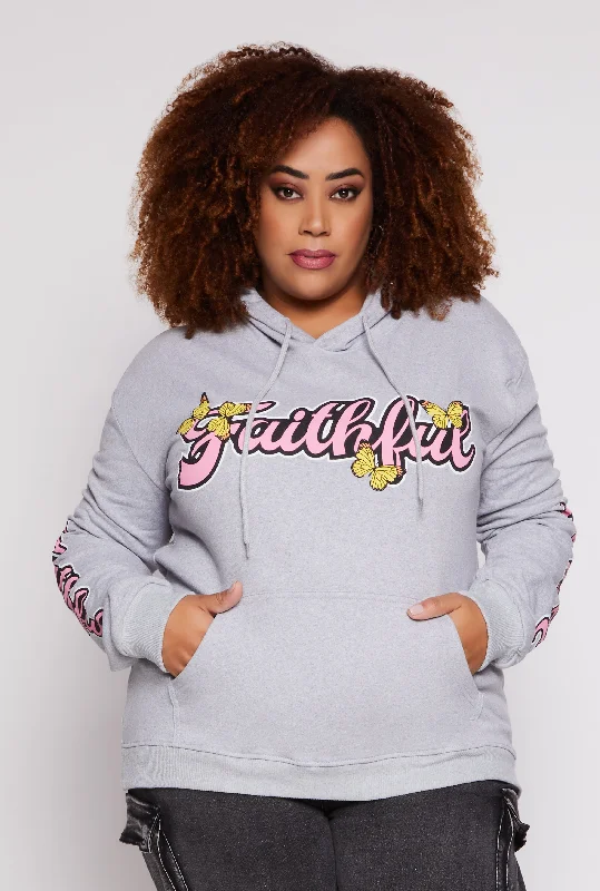 Plus Size Faithful Butterfly Graphic Pullover Hoodie