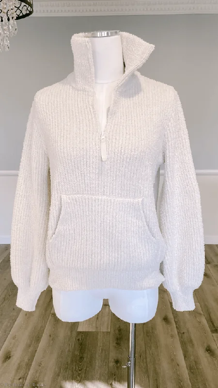 Luna Plush Pullover Zip Neck Sweater with Kanga Pockets