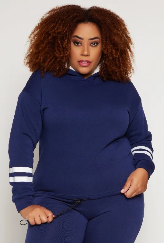 Plus Size Varsity Stripe Detail Pullover Hoodie