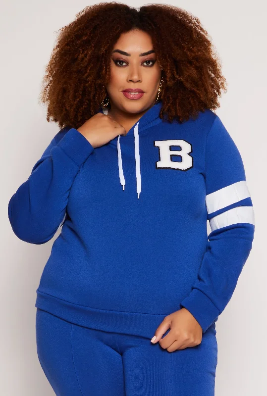 Plus Size B Initial Chenille Patch Pullover Hoodie