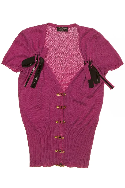 Agent Provocateur Knitwear - Fuchsia Short Sleeve Cardigan with Gold Safety Pin Buttons -