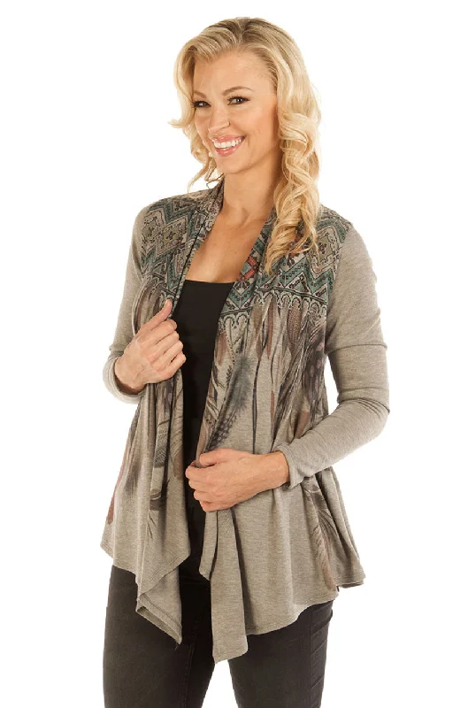 Liberty Wear Collection Cardigan: Waterfall Tribal Feathers