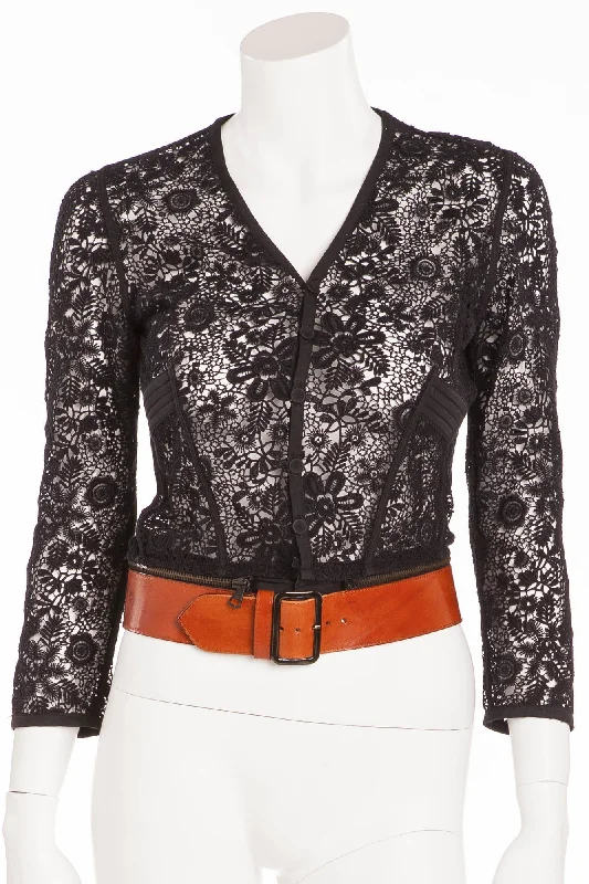 Jean Paul Gaultier - Black 3/4 Sleeve Lace Cardigan with Brown Belt - IT 40