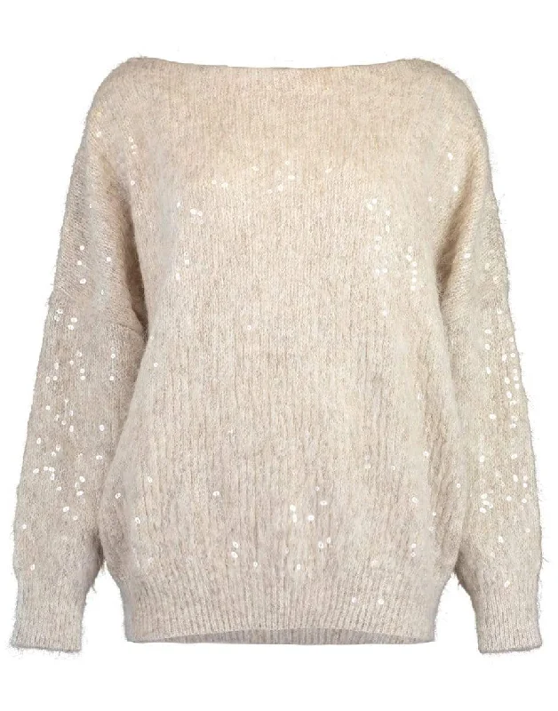 Wet Effect Embroidered Boatneck Pullover