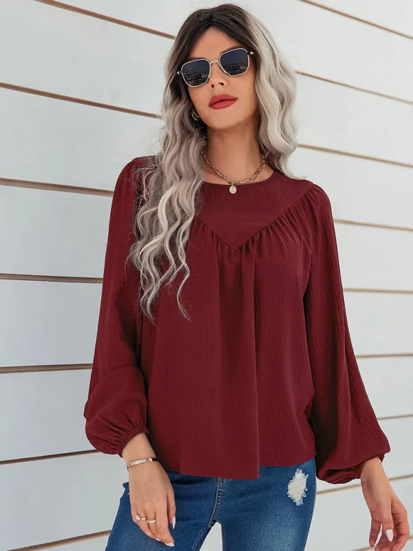 Women's Casual Loose Round Neck Solid Color Pullover Shirt