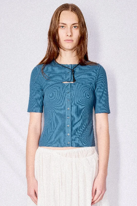 Blue Ribbed Button Cardigan Top