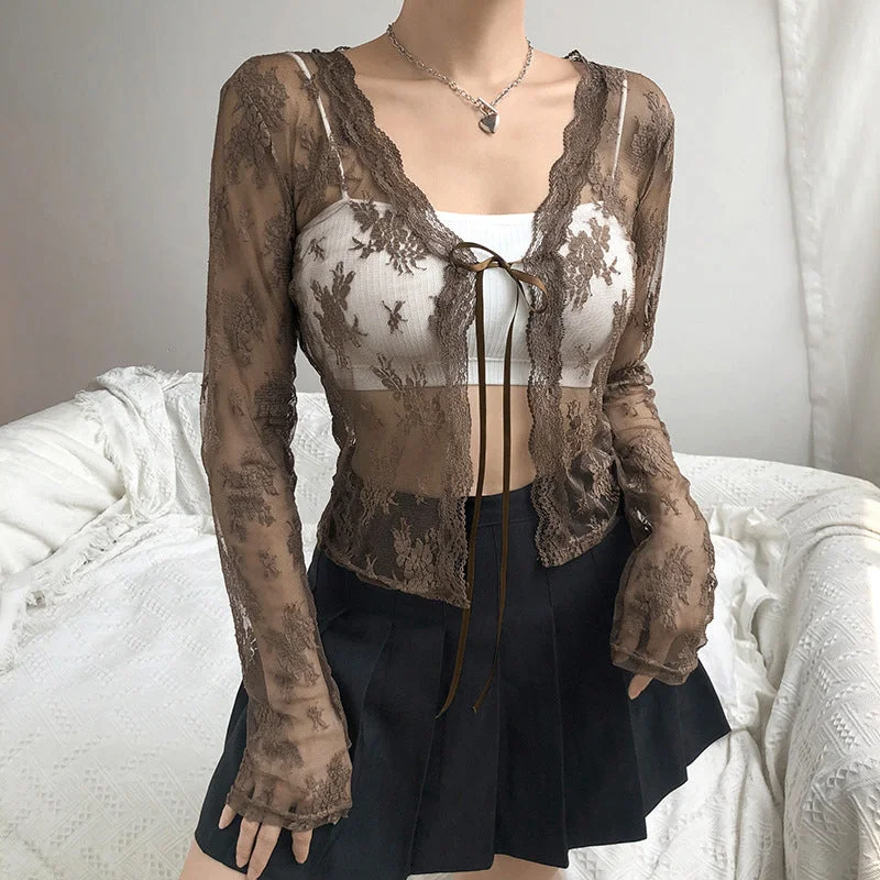 Women Sexy See Through Long Sleeve Lace Mesh Vintage Tie Up Floral Crop Tops Cardigans    S2509